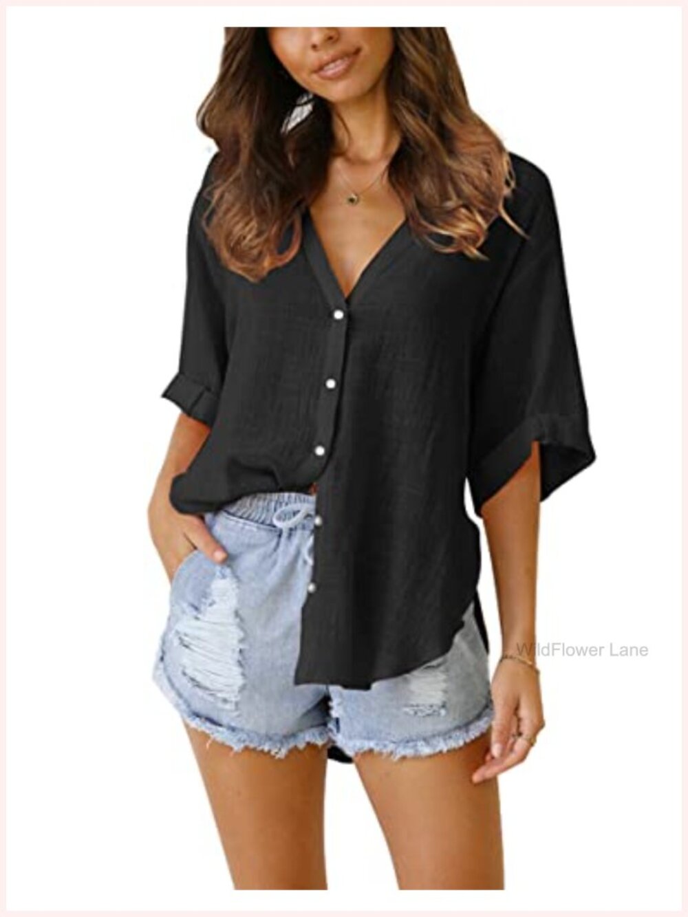 Womens Linen Button Down V Neck Blouse Loose Collared Shirt Business Casual